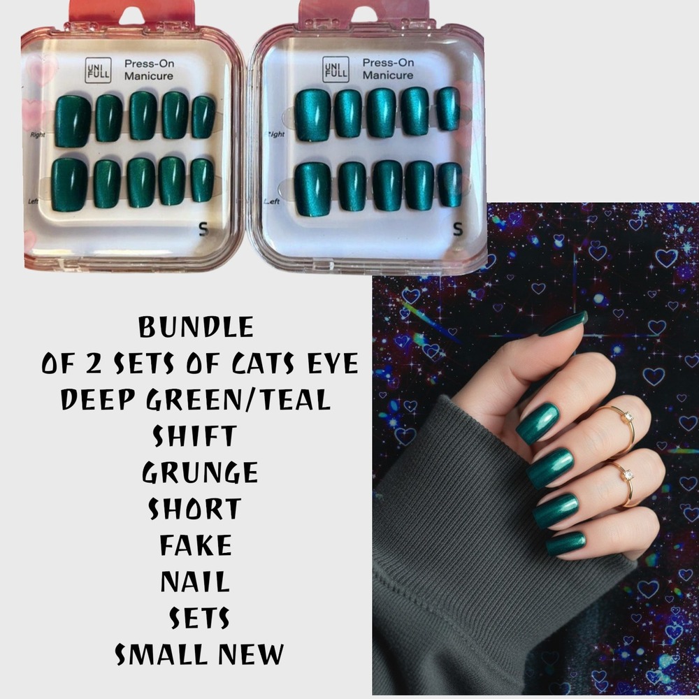 BUNDLE OF 2 SETS OF DEEP TEAL GREEN CATS EYE HANDMADE PRESS ON NAILS SMALL NEW